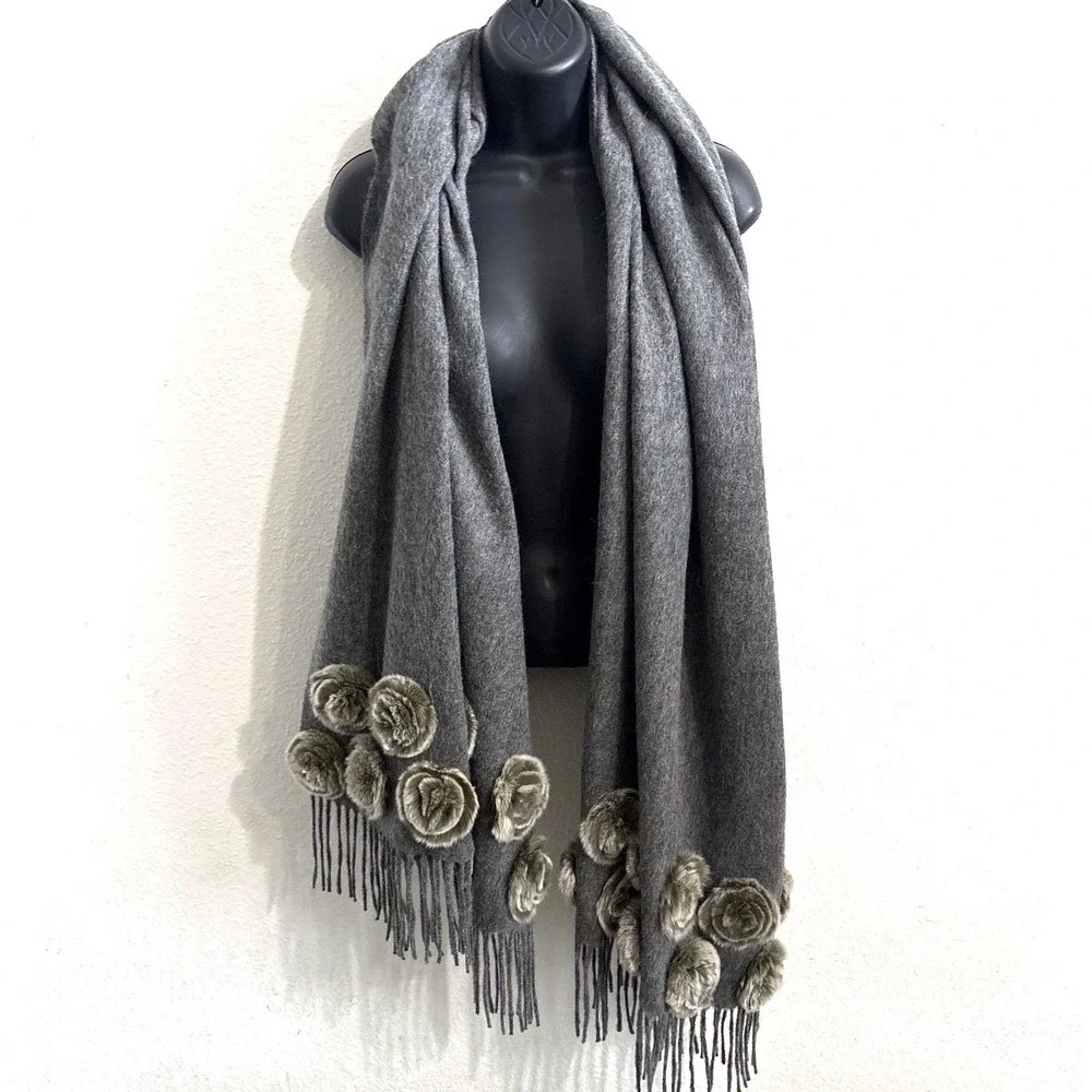 Chanel Scarf Gray Quiet Luxury Wool Floral Applique Fringe Old Money Mob Wife